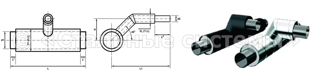 Тройниковые ответвления стальные в ППУ